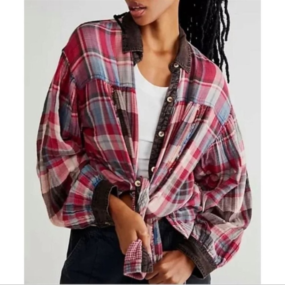Free People Olivia Plaid Top Button-down Purple Brown Red Blue Oversized XS